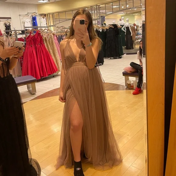 open lace back dress Brown Satin Long A-Line Prom Dress, Off the Shoulder Evening Party Dre main image 0